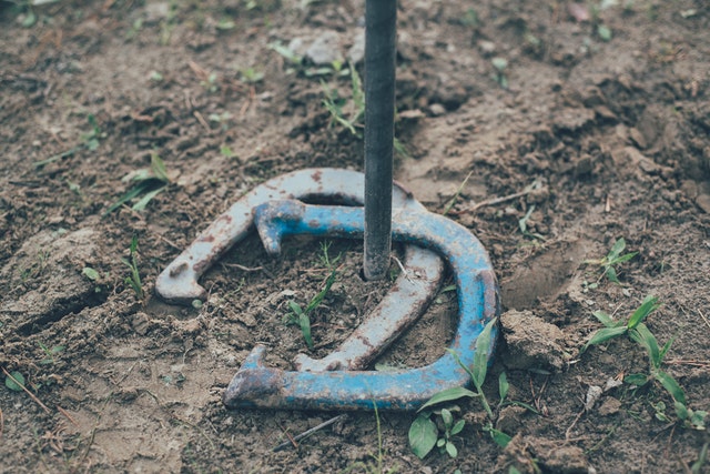 two horseshoes on a stake that's driven into dirt