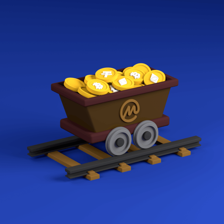 various cryptocurrencies in a minecart on a set of train tracks