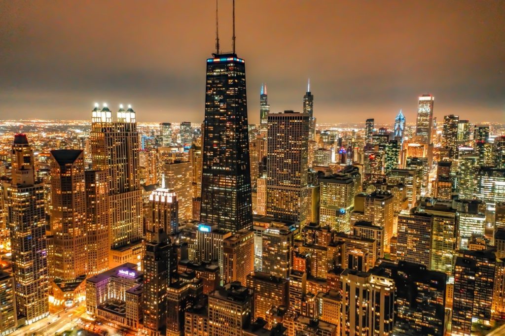 Chicago city skyline at night by eray altay