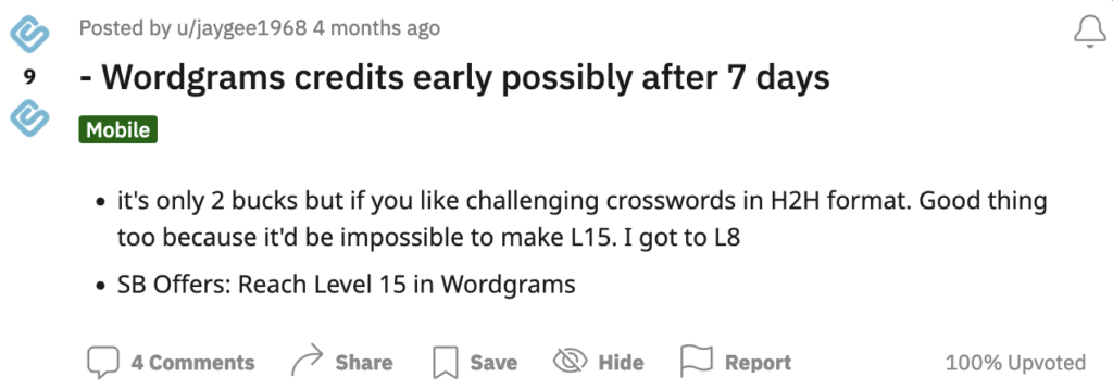 A comment about Wordgrams credits early possible after 7 days for Swagbucks offer on Reddit