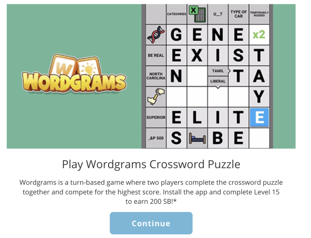 Play Wordgrams Crossword Puzzle offer for 200 SB on Swagbucks